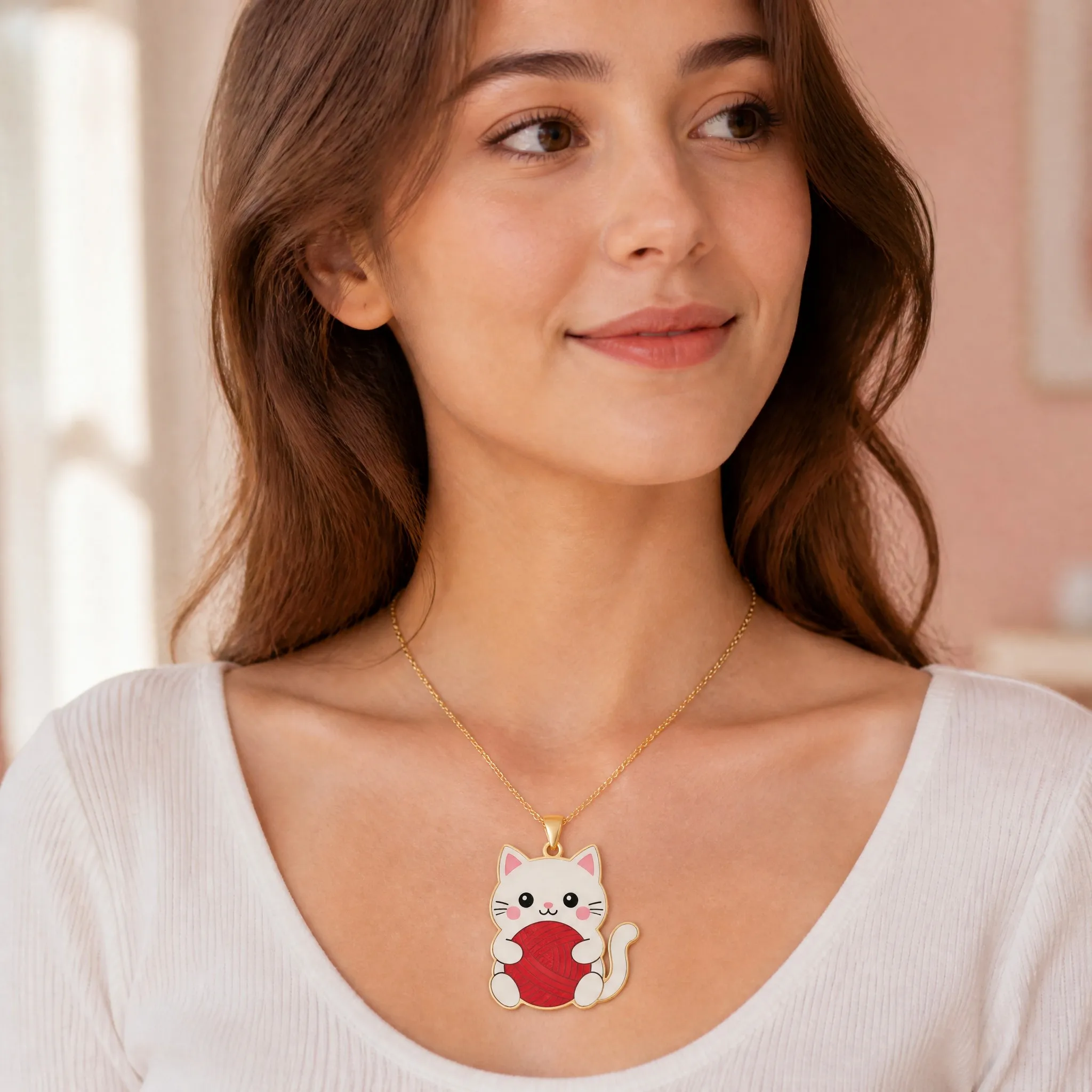 Young woman wearing kawaii cat pendant necklace, lifestyle photo