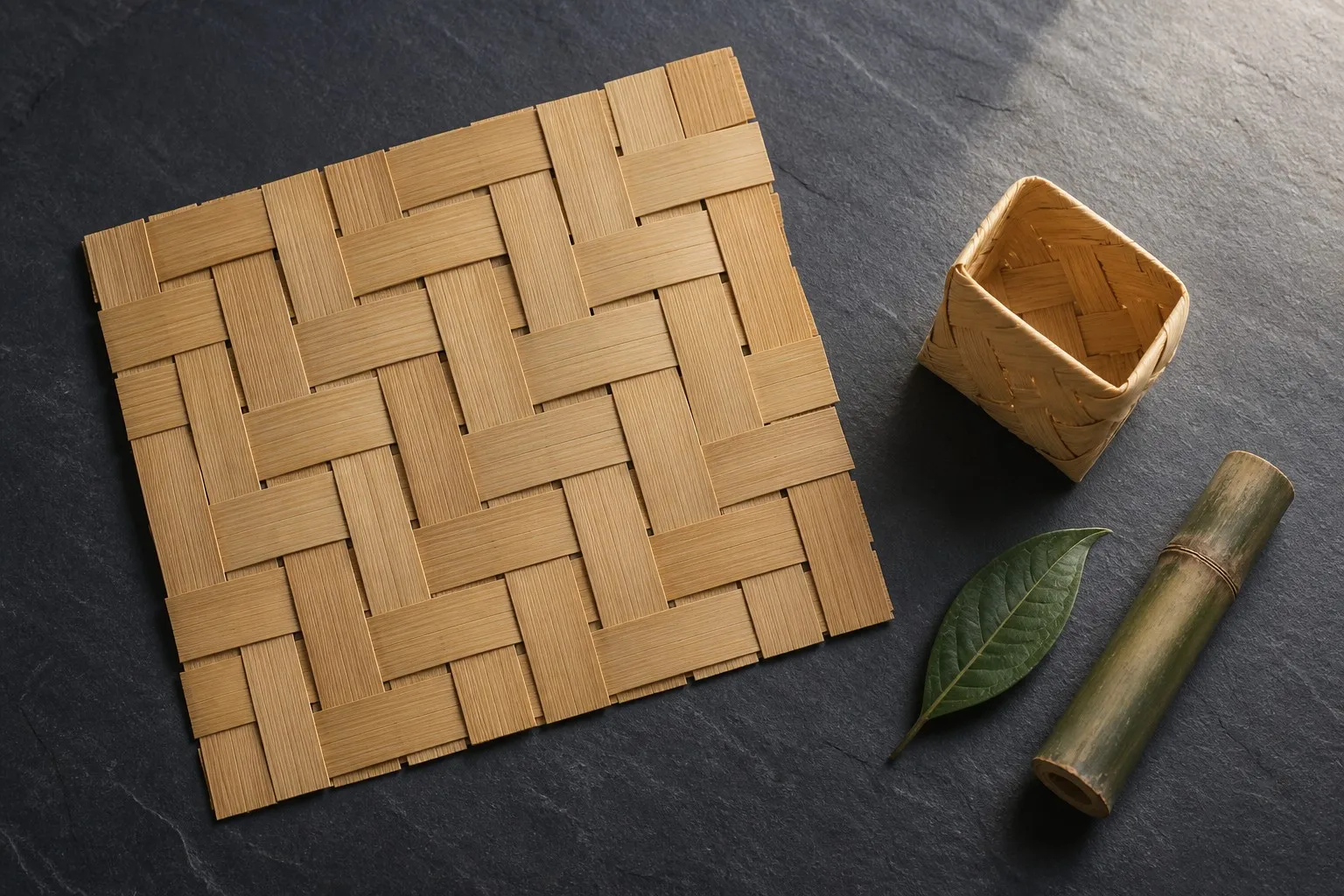 Bamboo woven material - natural tan slat pattern