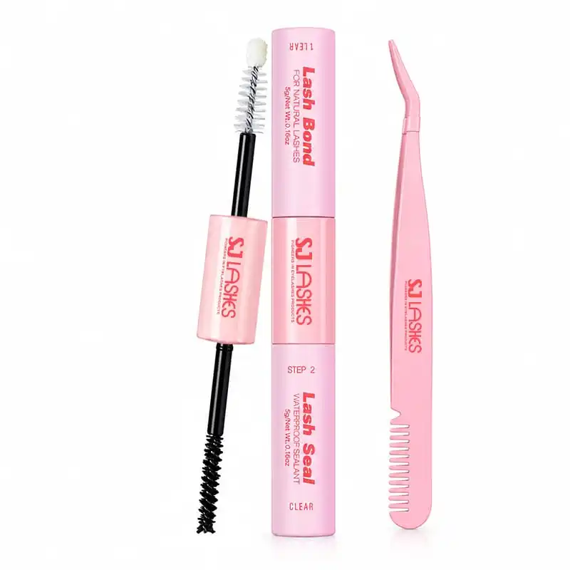 Two pink lash liquid tubes for lash bond and lash seal with micro brush and wand applicators, beside a pink dual-ended lash tool with a precision tip and a comb - lash bond and seal tubes