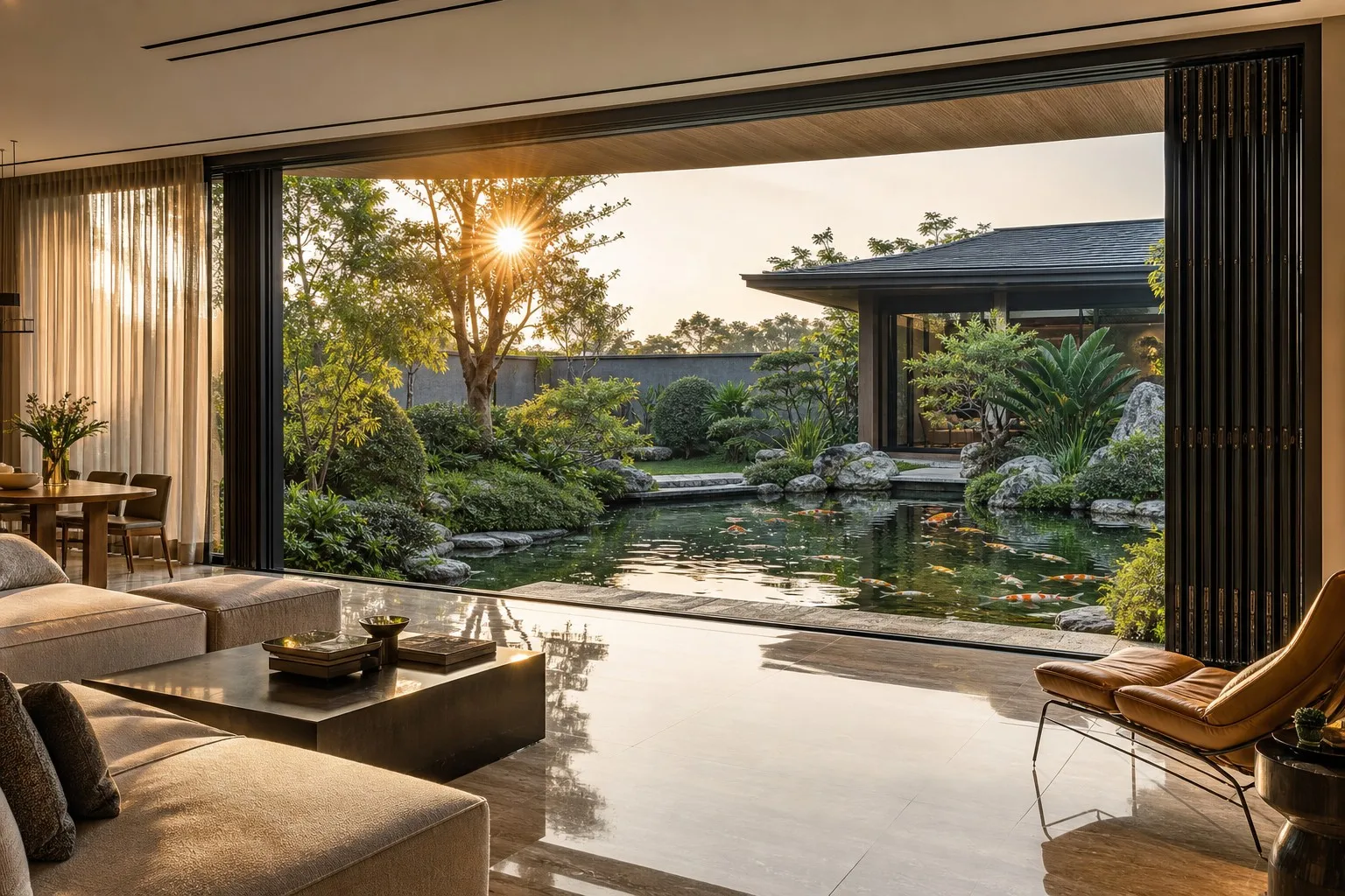 Luxury villa living room with aluminum stacking doors fully open to garden koi pond