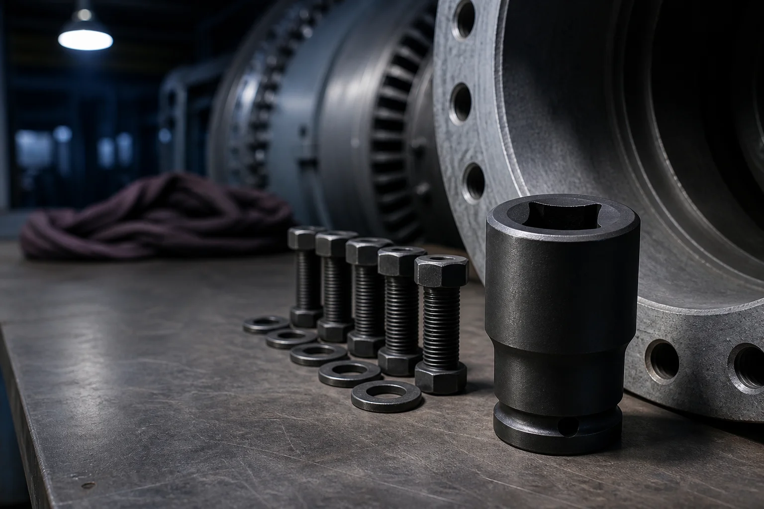 Plant maintenance bolting workstation with a large square-drive impact socket, heavy hex bolts and a drilled pipe flange
