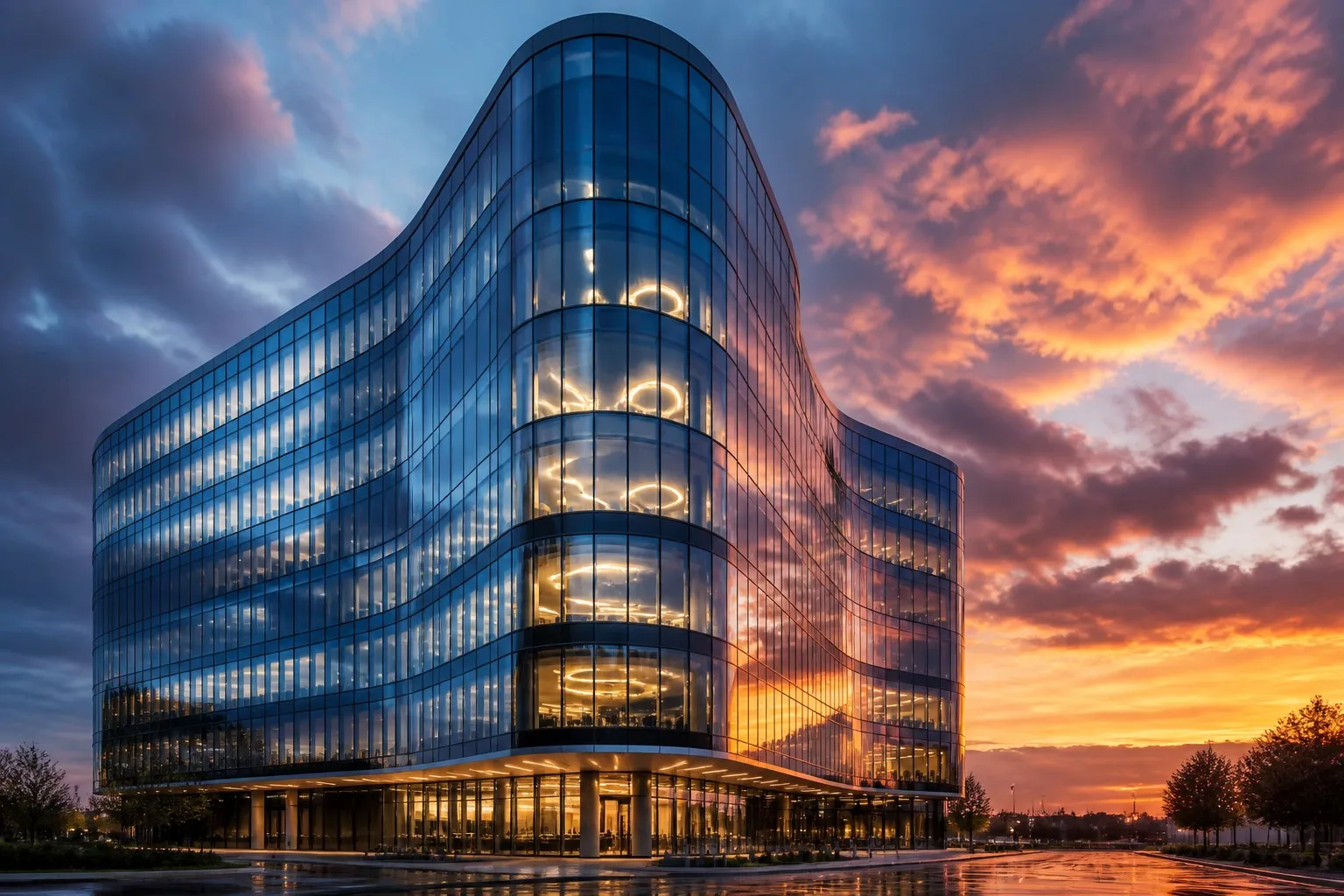 Modern commercial office tower with aluminum glass curtain wall reflective glass twilight