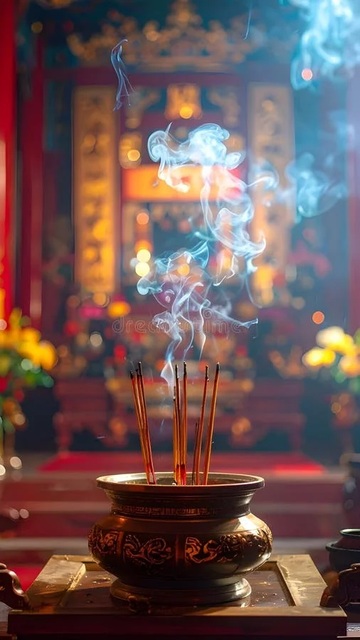 Incense smoke on a traditional temple altar as a spiritual offering