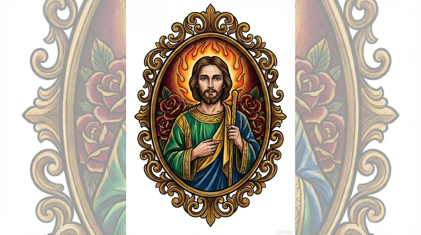 Neo-traditional colorful San Judas tattoo