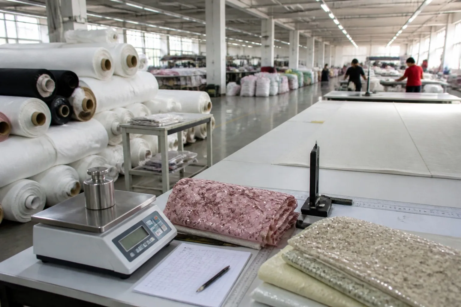 Textile factory workspace for fabric measurement and inspection