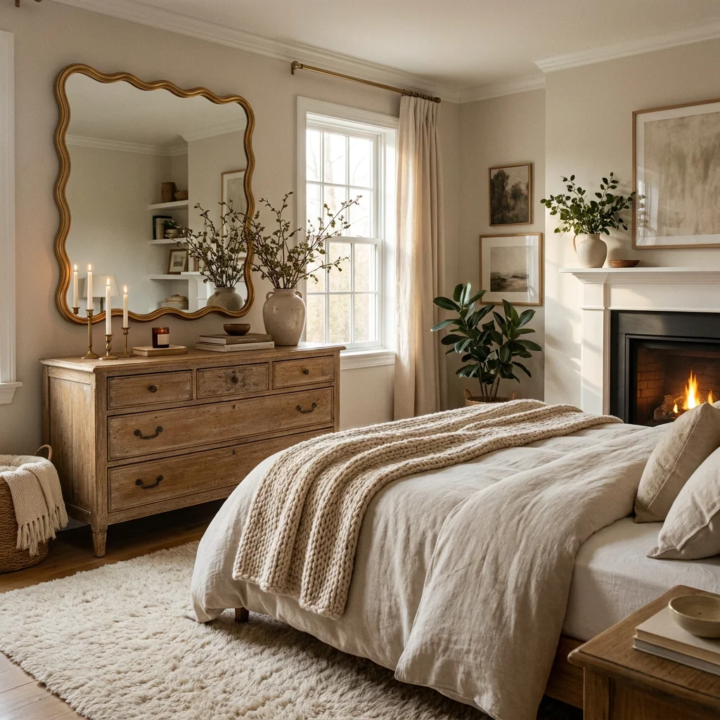 Chambre à coucher avec un miroir ondulé placé au-dessus d'une commode en bois vintage