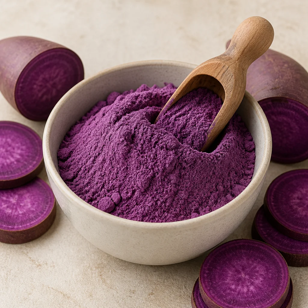 Fine purple sweet potato powder with purple-fleshed sweet potato slices