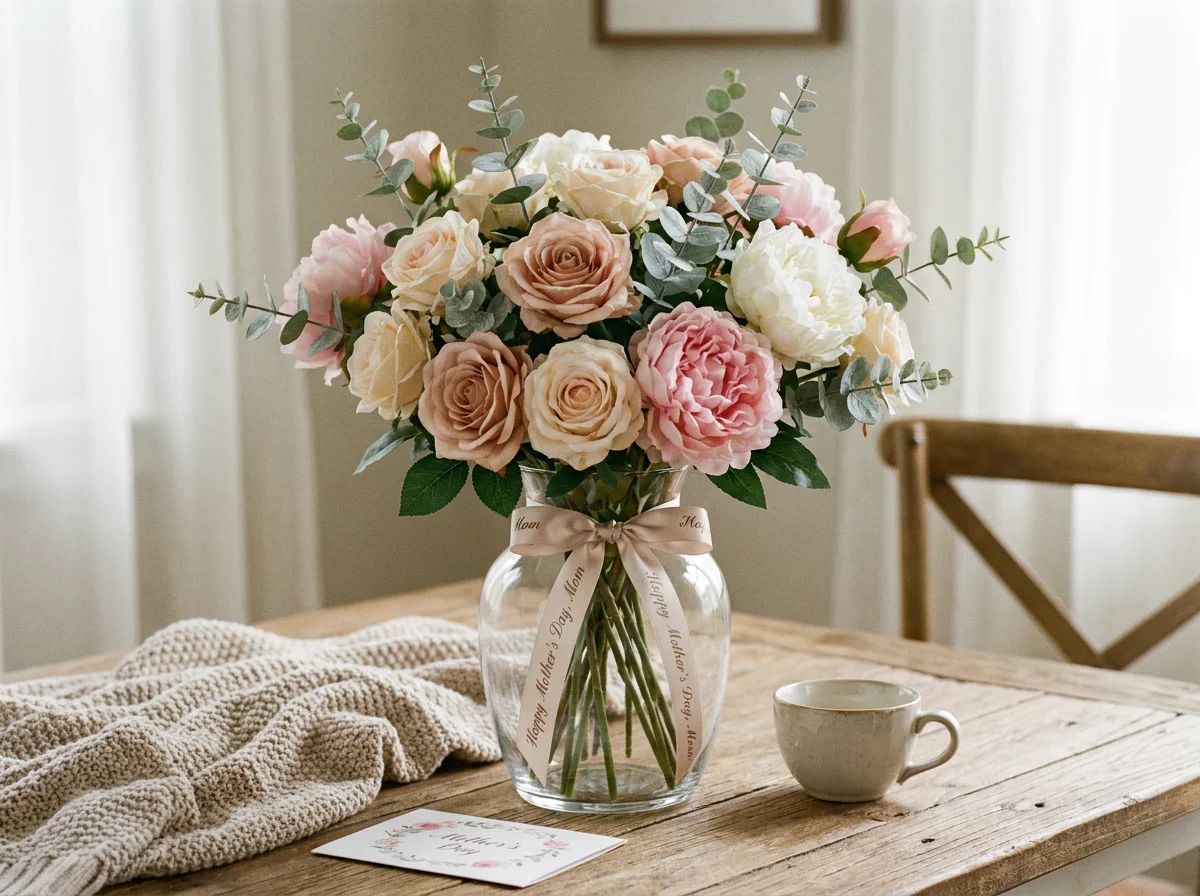 Mother's Day gift featuring premium artificial roses peonies and eucalyptus in elegant glass vase with gift ribbon