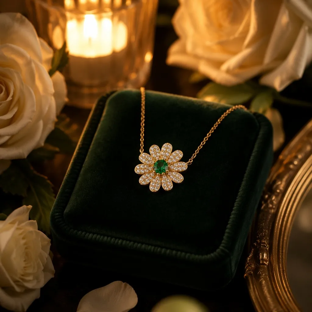 Daisy Flower Emerald Pendant Necklace Gold Link Chain Floral Jewelry for Women Gift