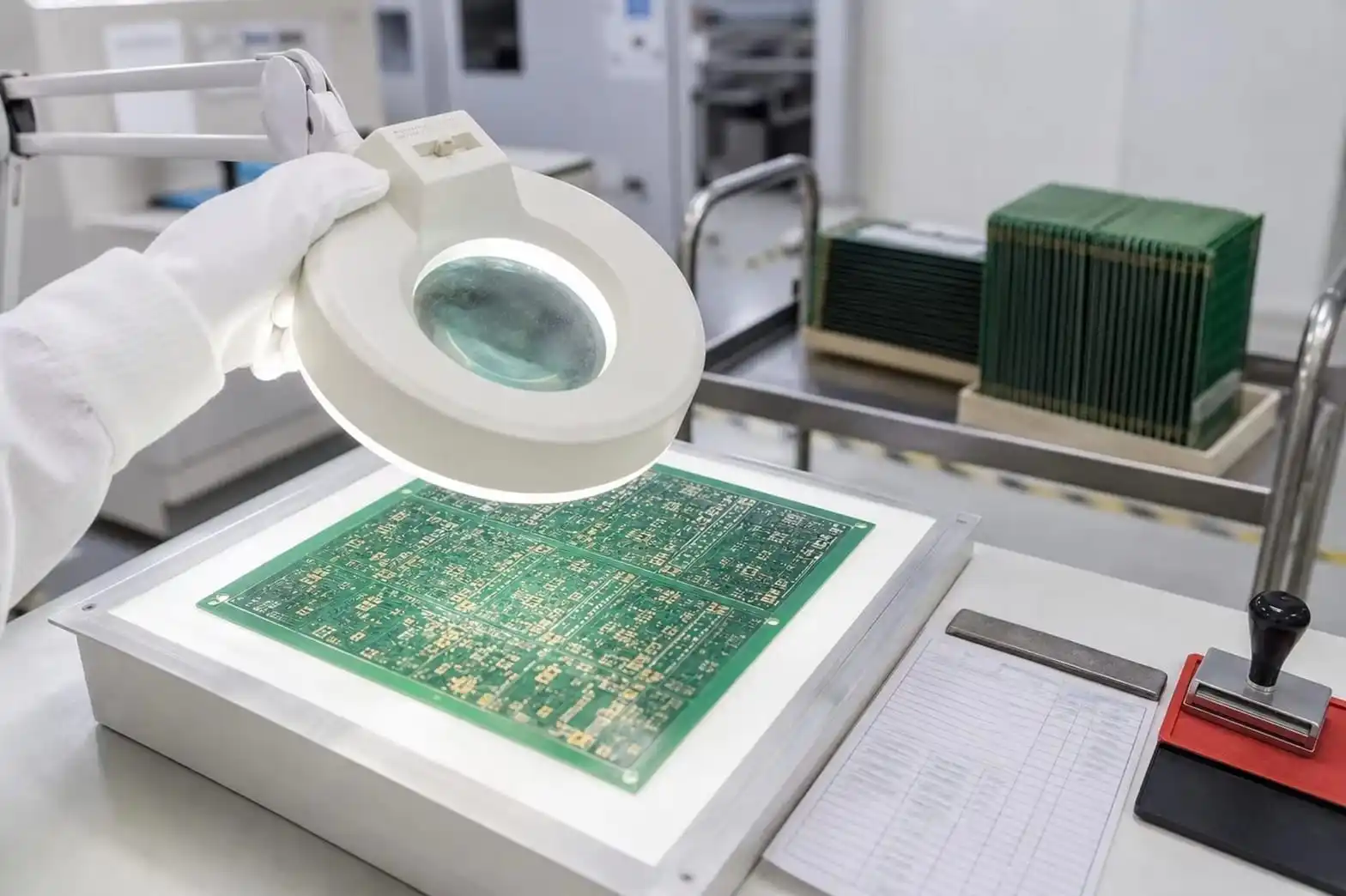 Final quality control inspection of a PCB panel under a magnifier lamp
