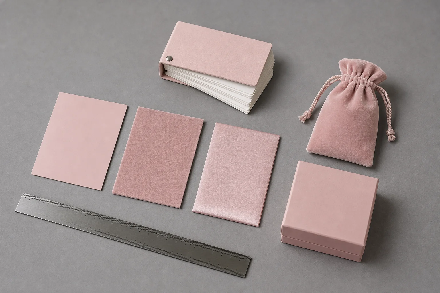 Three blush-pink material swatches on a grey worktable — a smooth coated board swatch, a raised velvet swatch and a satin swatch — above a closed bound colour-standard book with blank swatch leaves, beside a finished blush velvet drawstring pouch, a small blush rigid box and a steel rule
