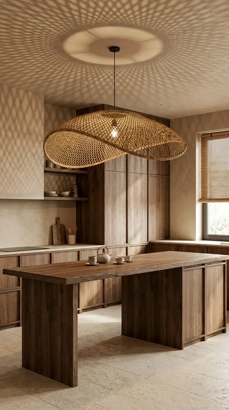 Handwoven bamboo pendant lamp above a kitchen island