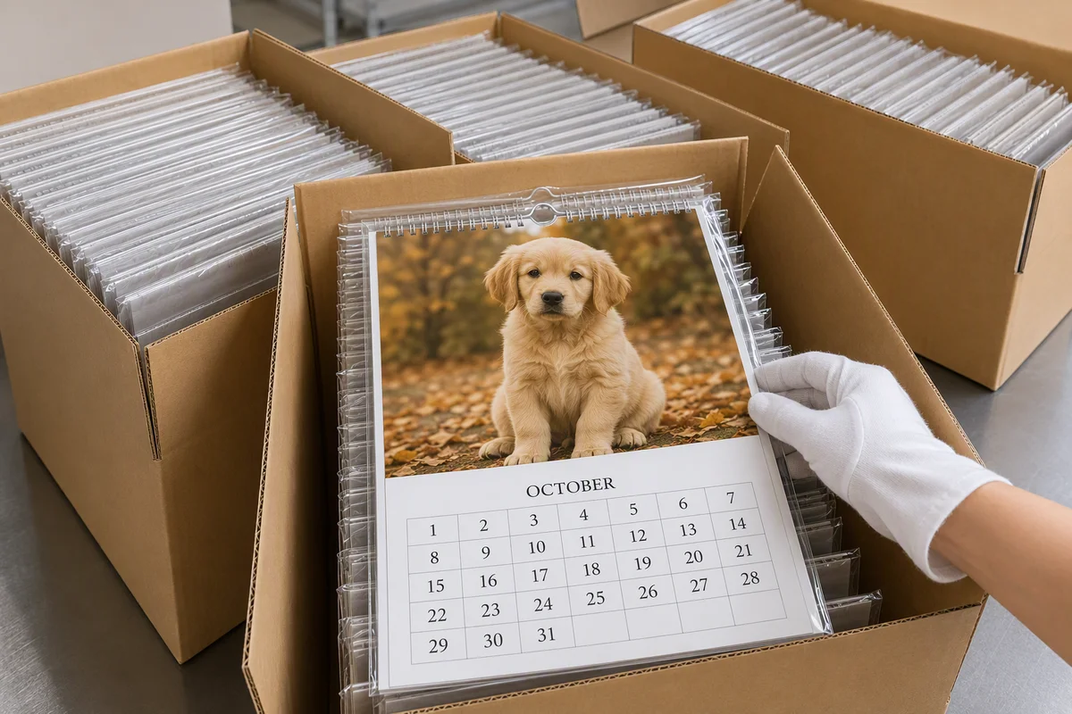 Resale-Ready Calendar Packing Bagged calendars packed in plain kraft cartons being counted by a gloved hand
