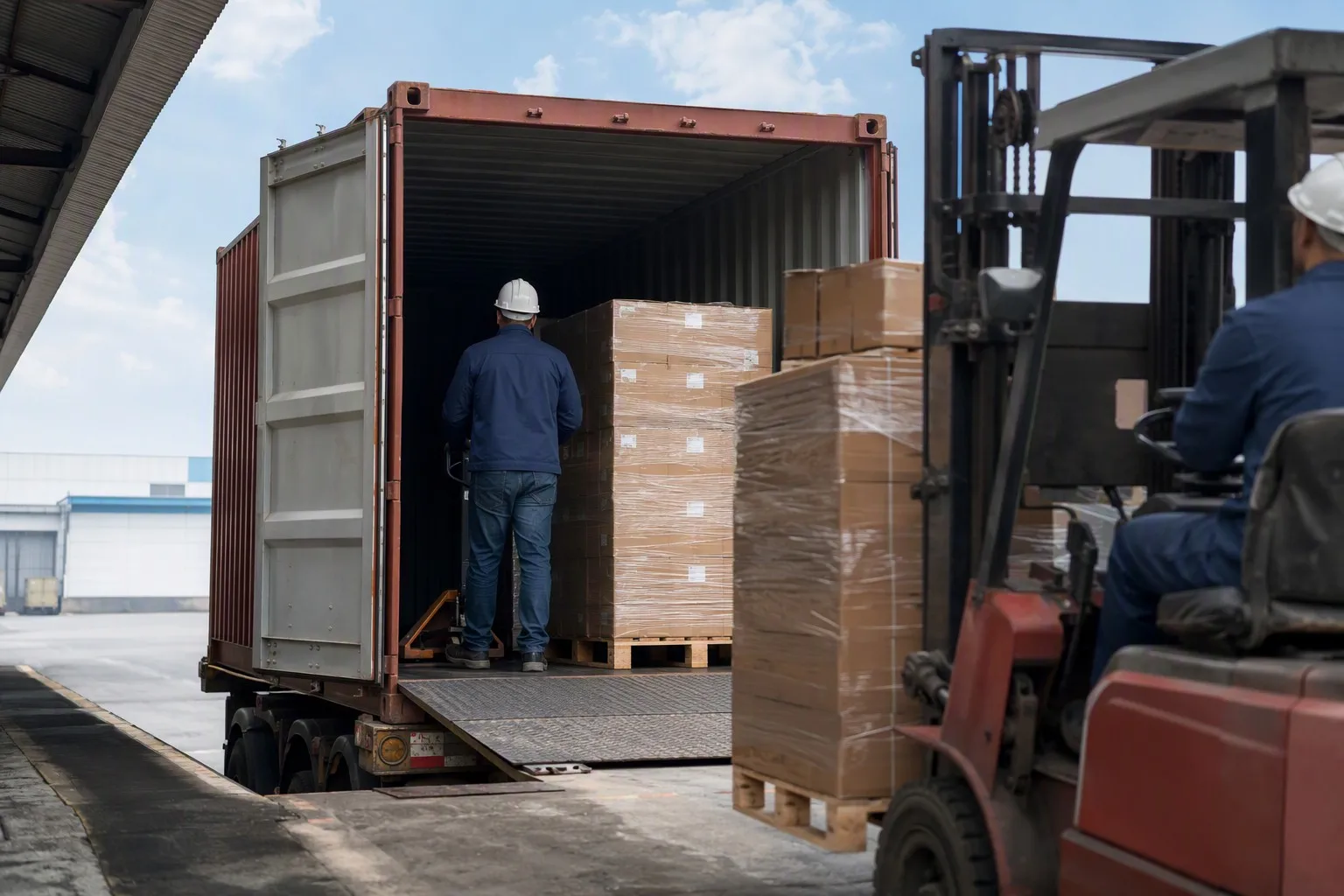 Packed book cartons loading into shipping container at factory dock