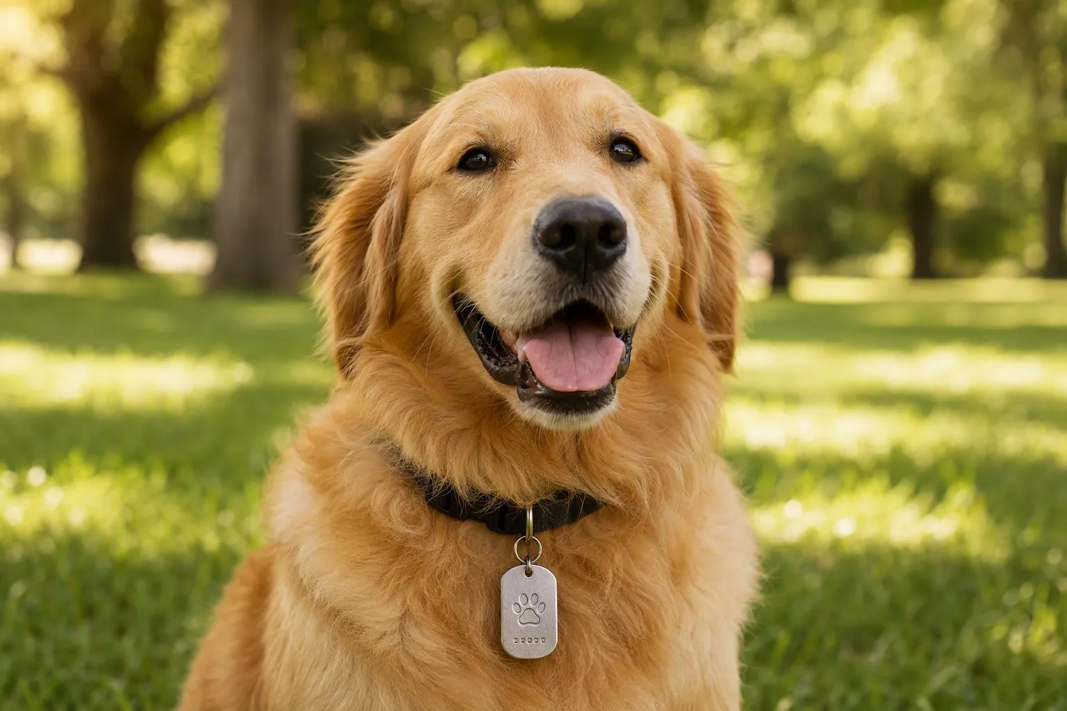 Golden retriever wearing laser engraved paw print pet tag