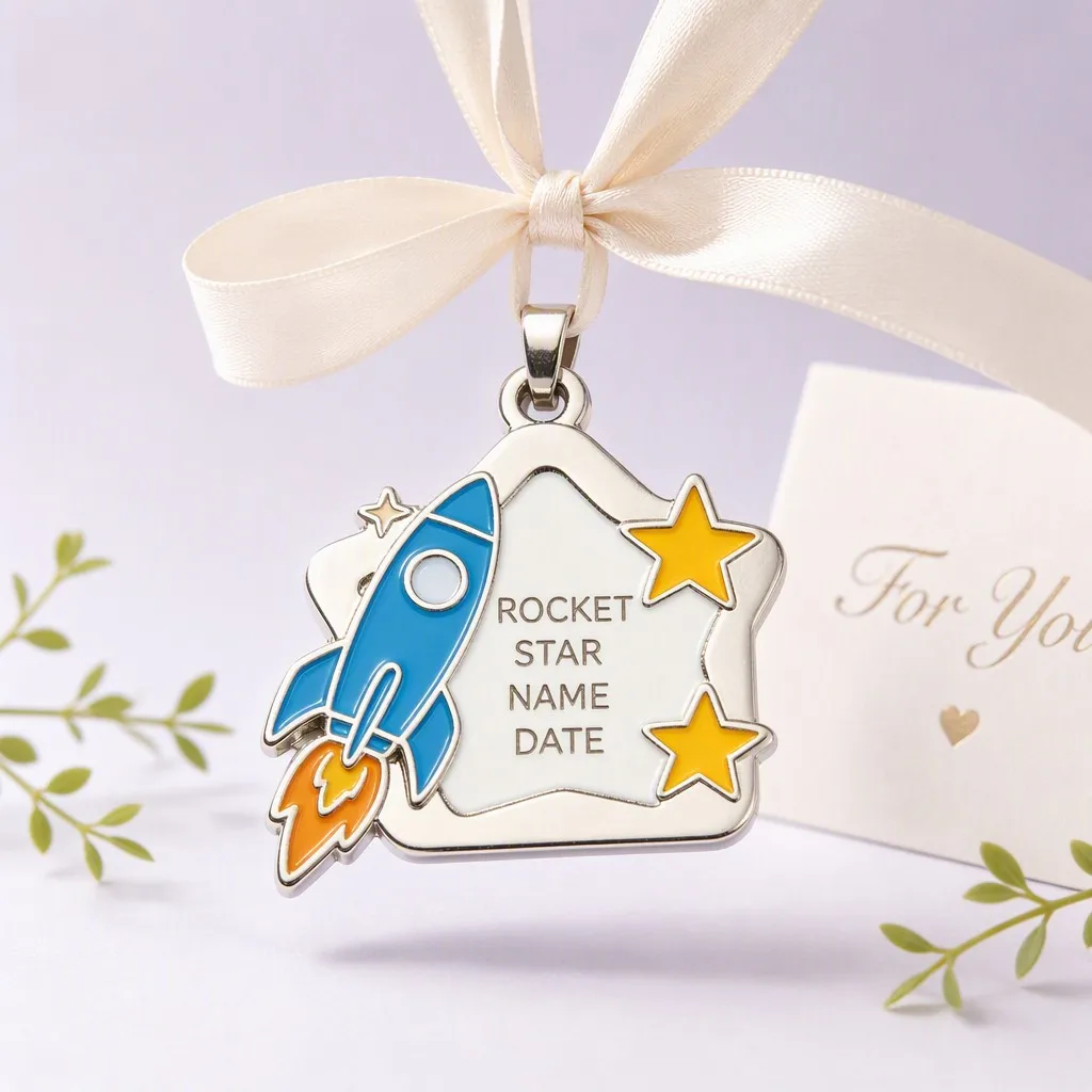 Star shaped dog tag with rocket and stars