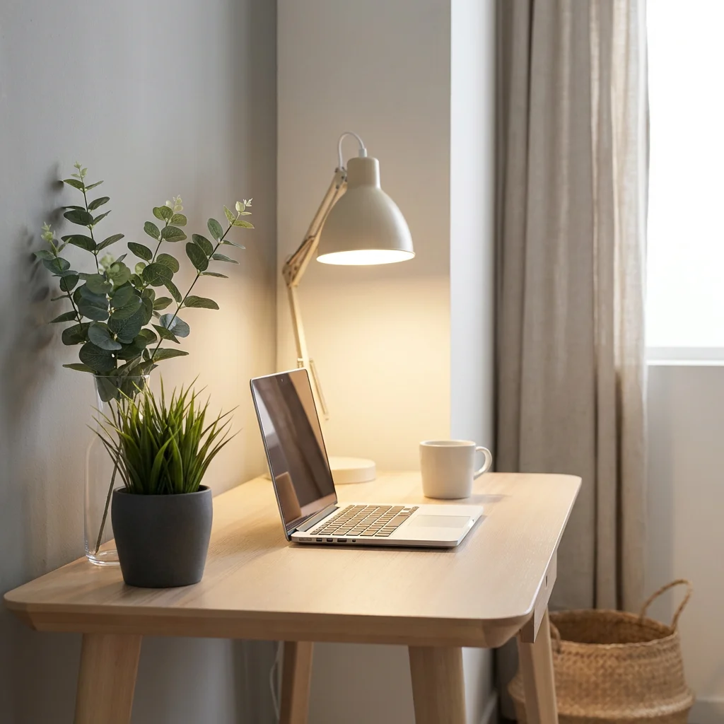 faux snake plant and artificial eucalyptus on Japandi home office desk