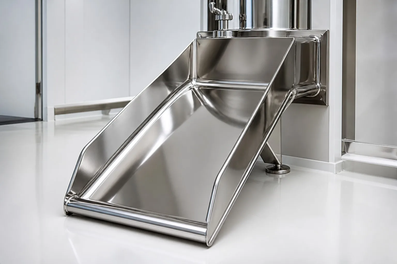 Food grade stainless steel fabrication - mirror electropolished 316L sanitary chute for dairy processing with orbital TIG welds, fabricated by DeepLink Metal Fab.