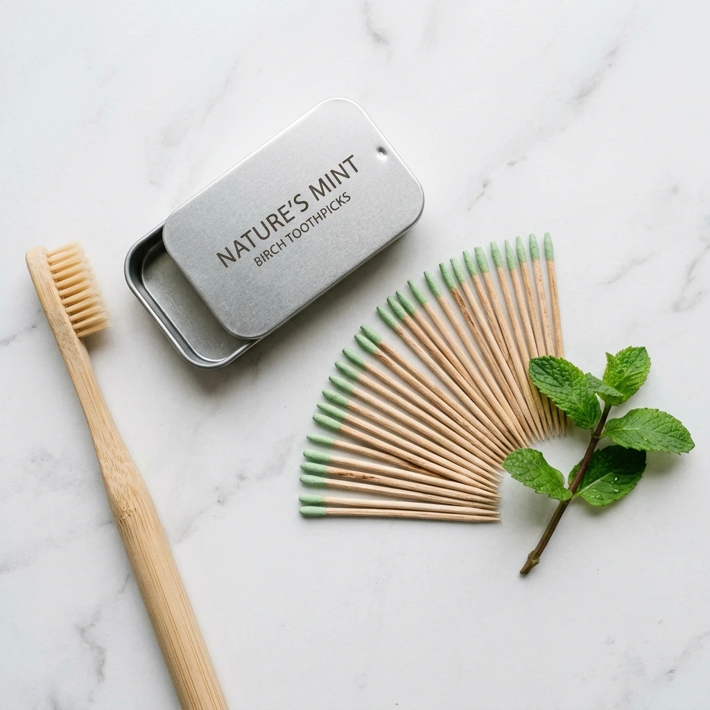 Natural mint flavored toothpicks fanned out from opened travel tin with fresh mint sprig on white surface