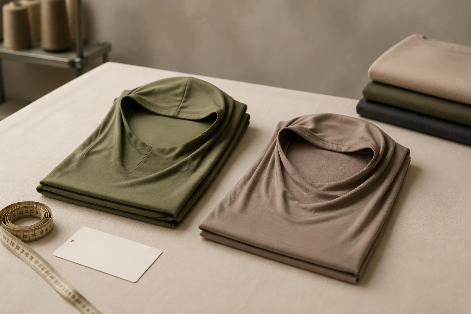 Folded ready-to-wear instant and slip-on hijabs on a factory inspection table for wholesale OEM sourcing