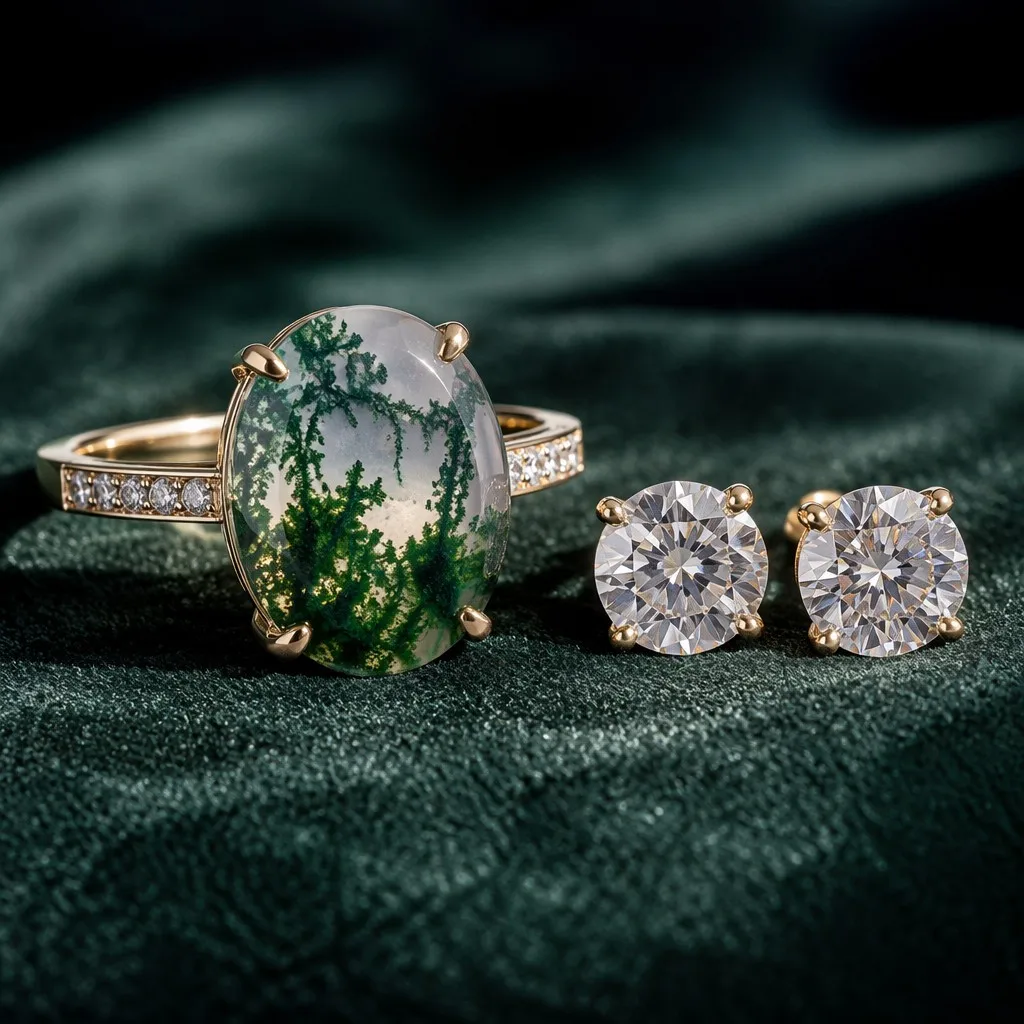 Macro shot of Moss Agate ring and lab-grown diamond studs