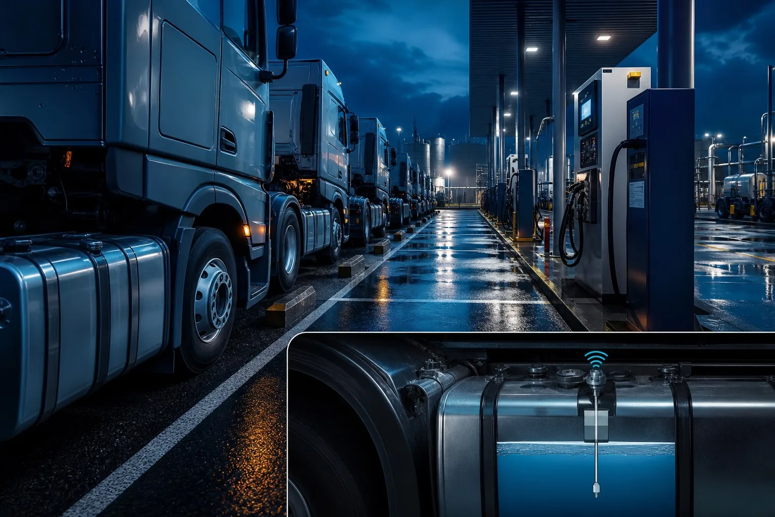 Diesel truck fleet at a fuel depot with fuel level monitoring