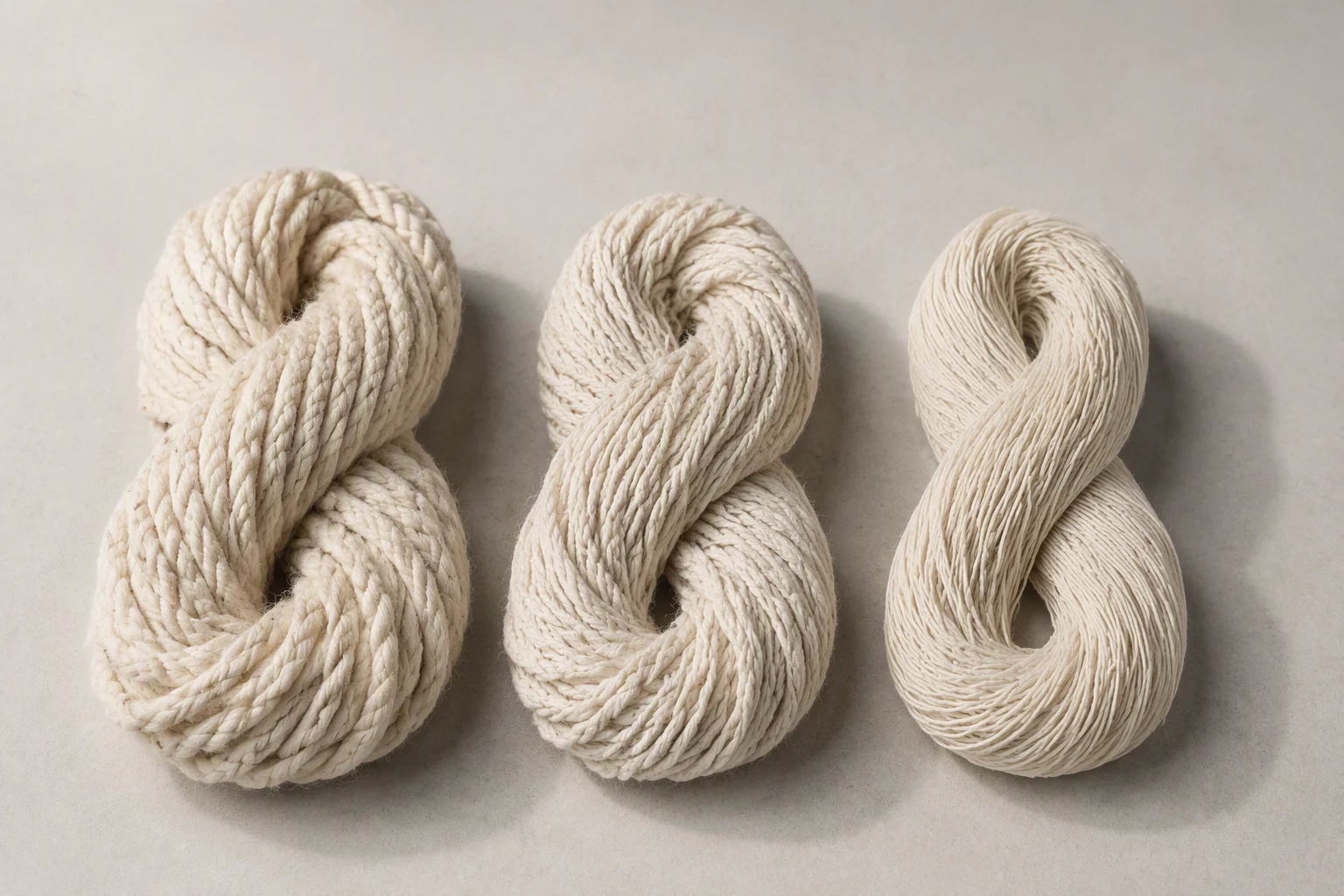 Three hanks of unbleached cotton yarn of clearly different strand thickness, arranged side by side on pale paper