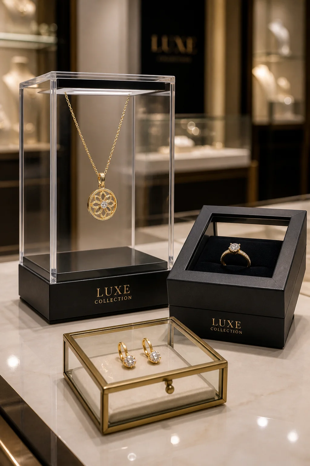 Acrylic floating display case with a pendant necklace floating inside, window-top rigid box with ring, and glass sample display box with earrings on a retail counter