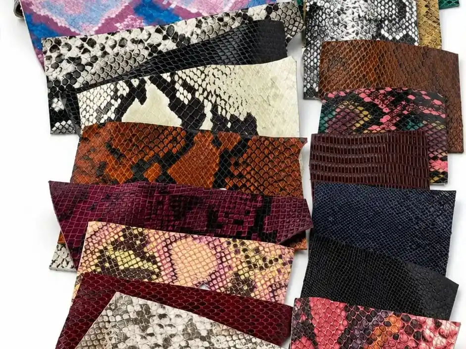 A swatch range of snake-effect leathers in many colourways, from beige and blue to gold and burgundy