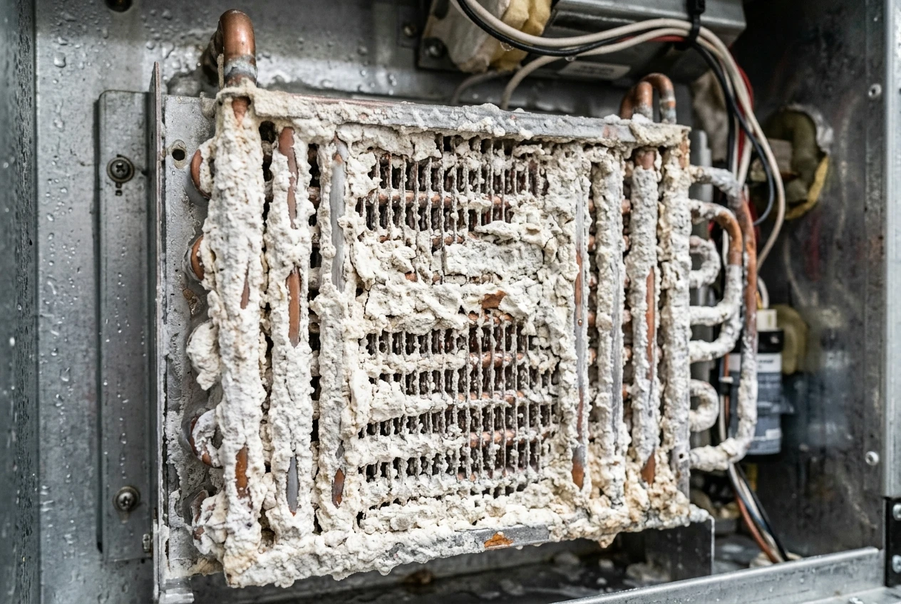 Scale buildup on commercial ice machine evaporator plates