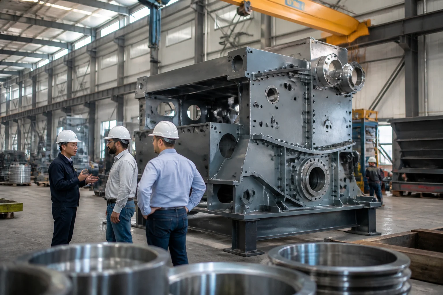 International mining buyers inspecting modular crusher chassis during Canton Fair factory audit