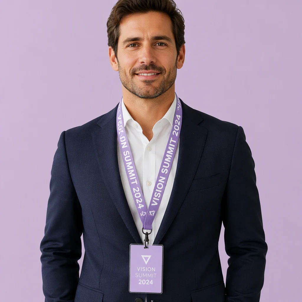 Male Executive in Business Suit Wearing Custom Woven Jacquard Lanyard