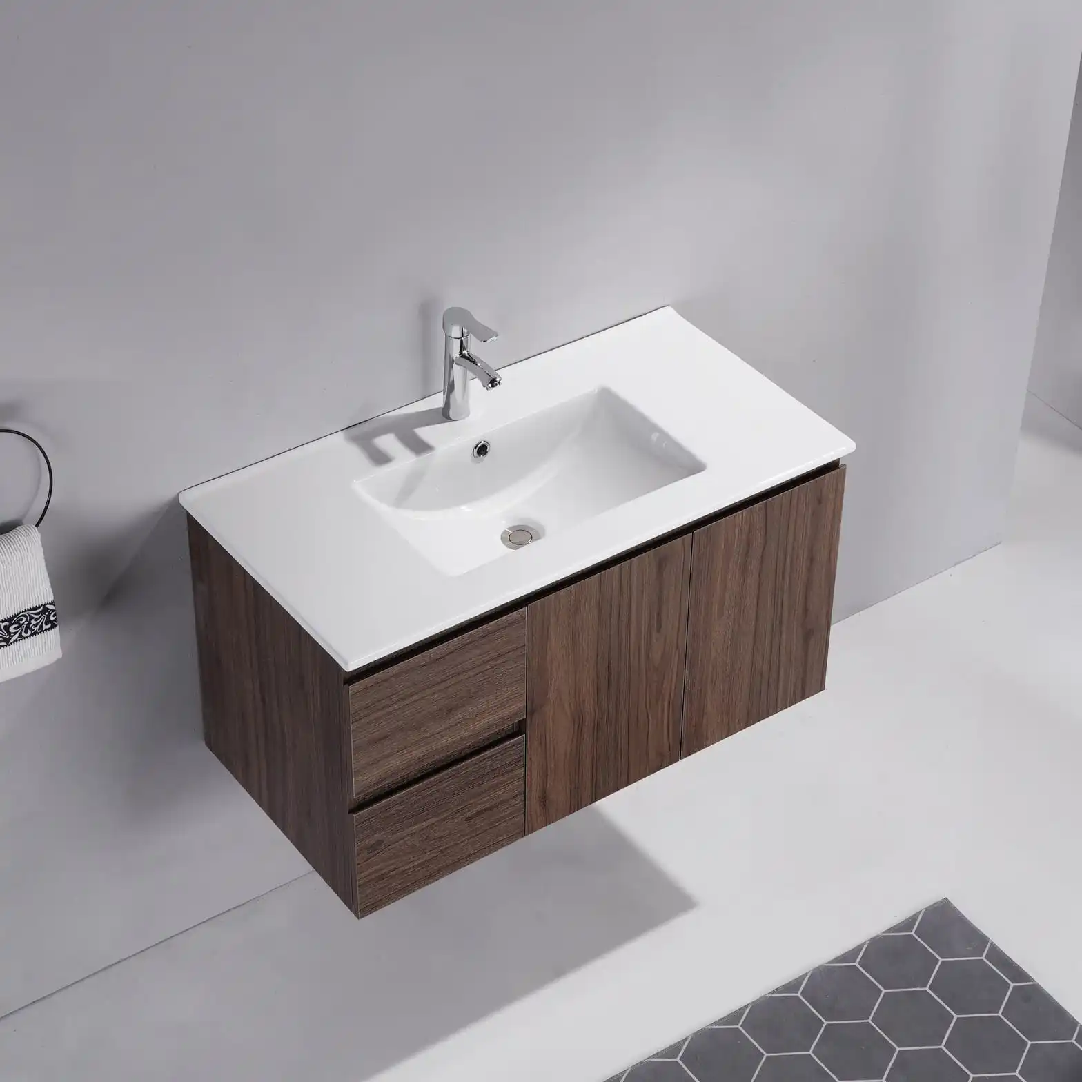 Wall Hung Walnut Vanity Model 63-2 SJ-GZ-D900-M Ceramic Top View wall-hung-walnut-vanity-d900m-basin-view
