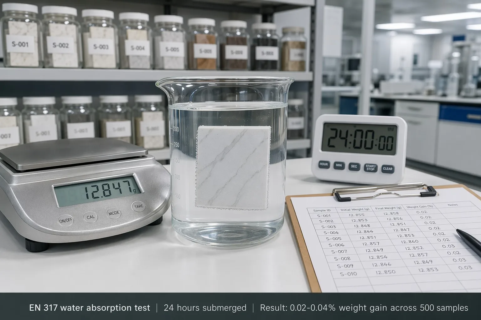 EN 317 water absorption test setup - PVC panel sample submerged in beaker for 24 hours at Eastopo QC lab