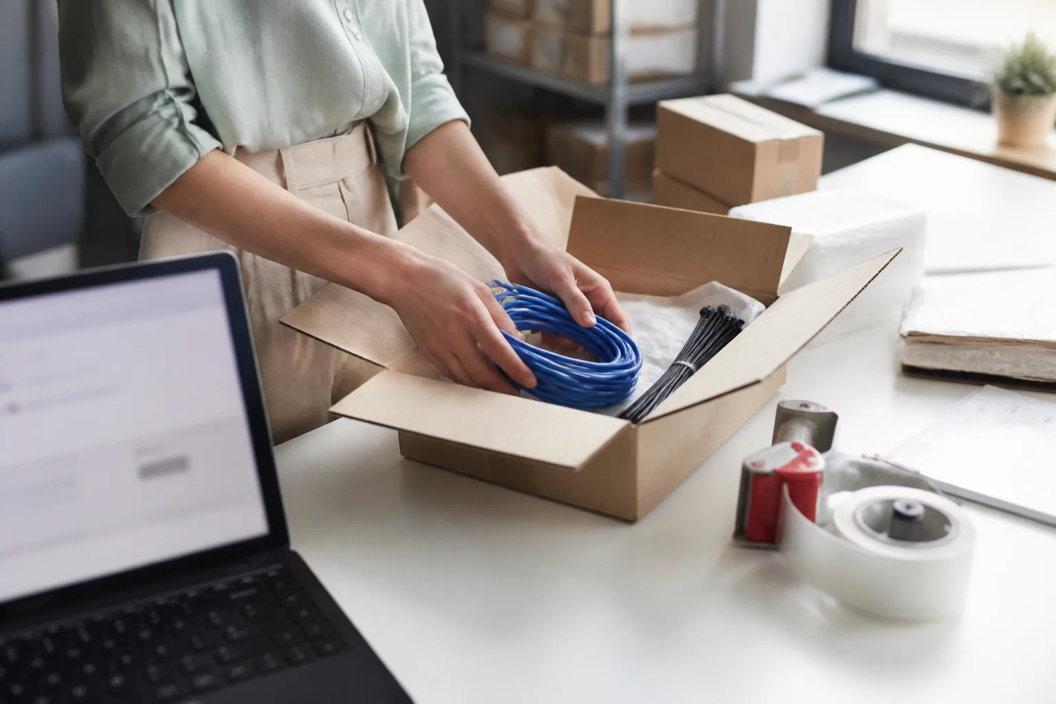 Online order packing station with coiled ethernet cable and a cardboard box