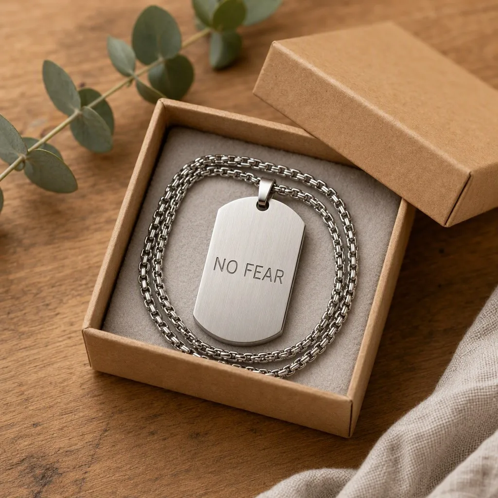 Silver NO FEAR dog tag necklace in a gift box