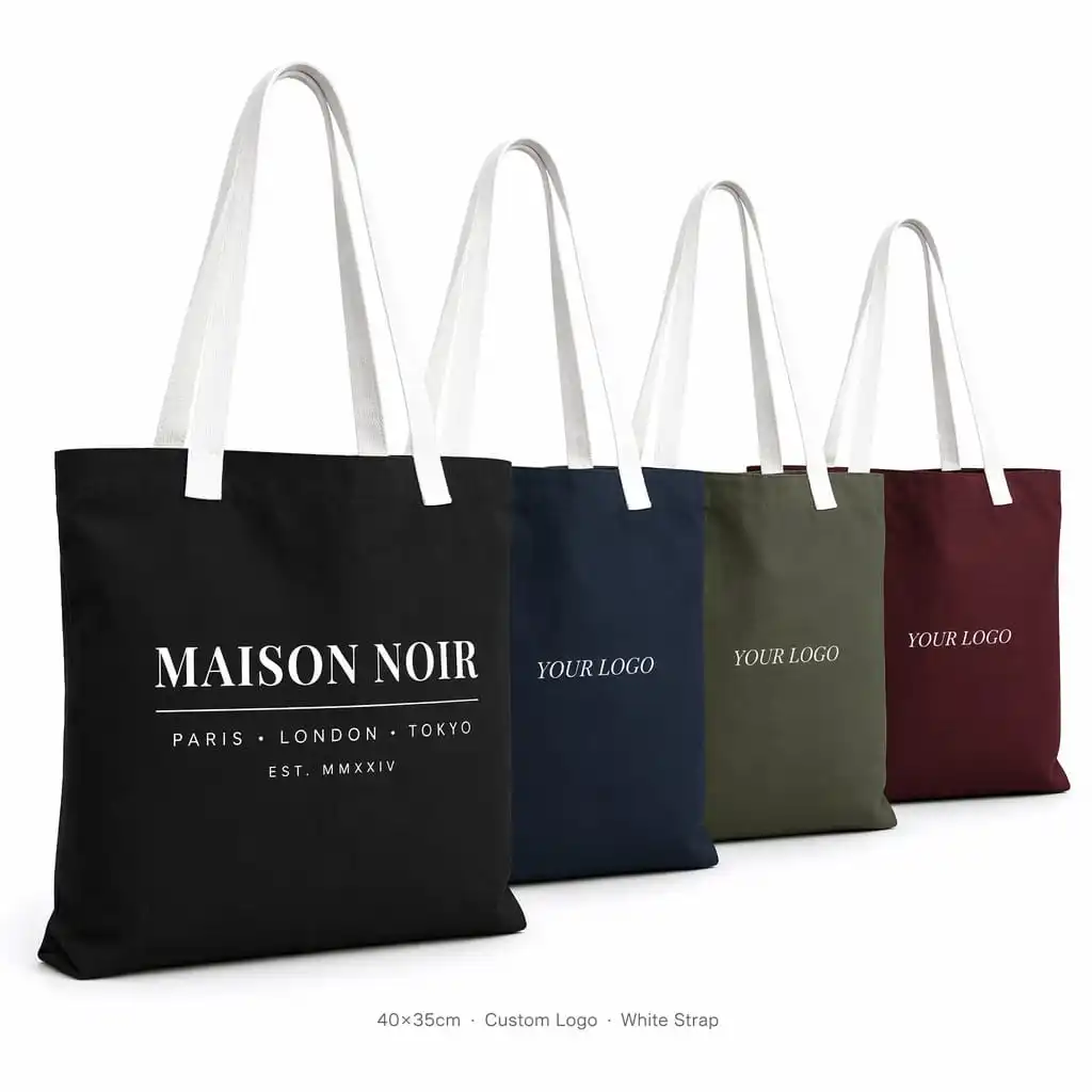 Minimal mono canvas totes with white contrast straps in black navy olive burgundy