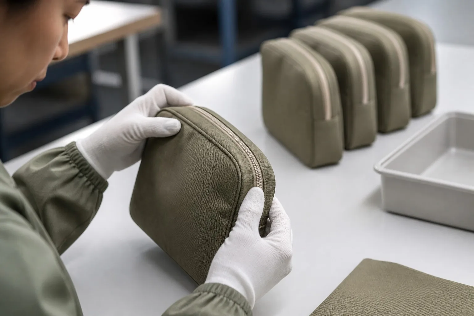 Gloved quality inspector checking zipper alignment and stitching on an unbranded cosmetic bag before production