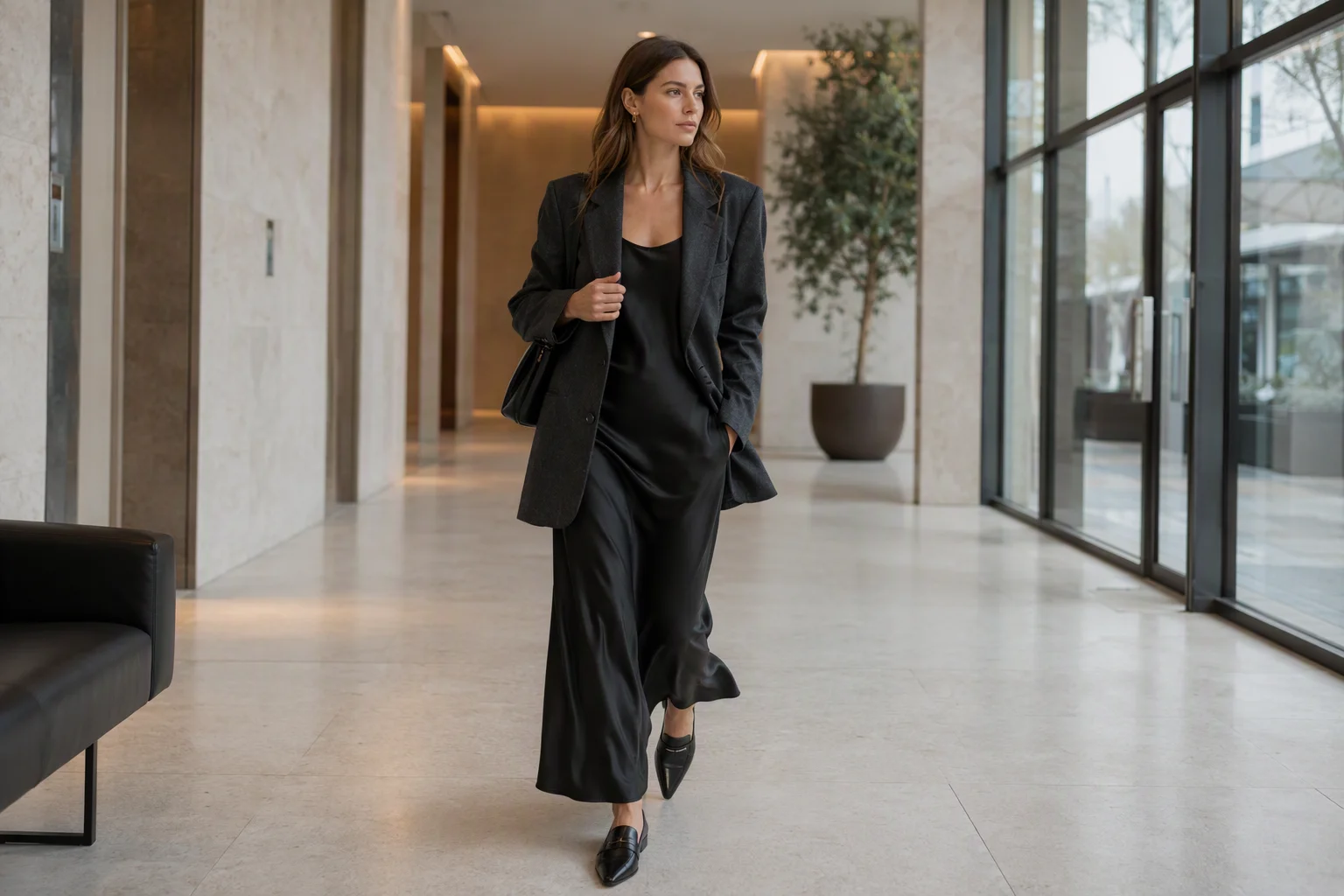 Tailored Wool Blazer Styled Over Black Silk Slip Dress