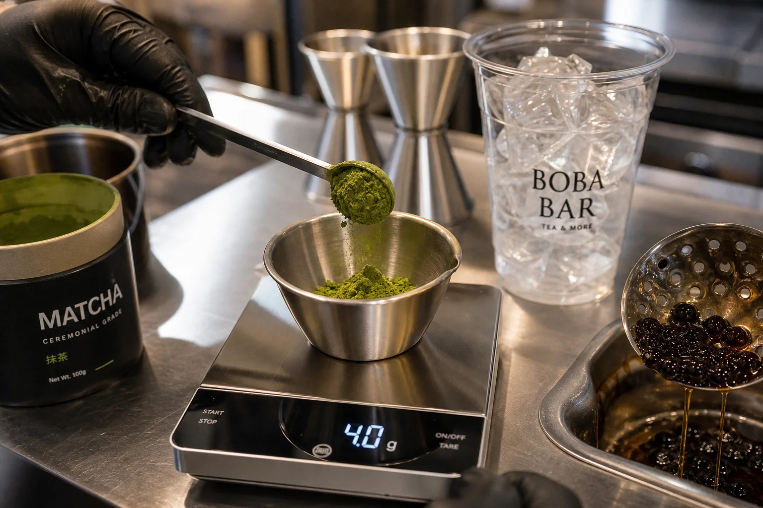Barista weighing exactly 4.0g of vibrant green matcha powder on a precision digital scale at a boba tea counter