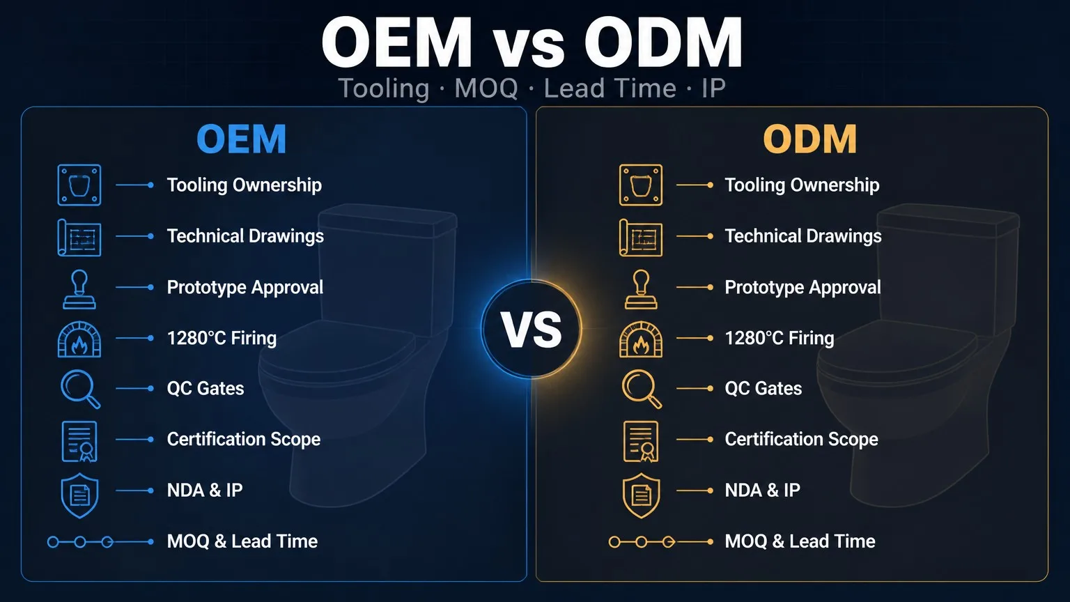 OEM vs ODM sanitary ware sourcing comparison: tooling ownership, drawings, prototype, 1280°C firing, QC gates, certification, NDA/IP, MOQ and lead time