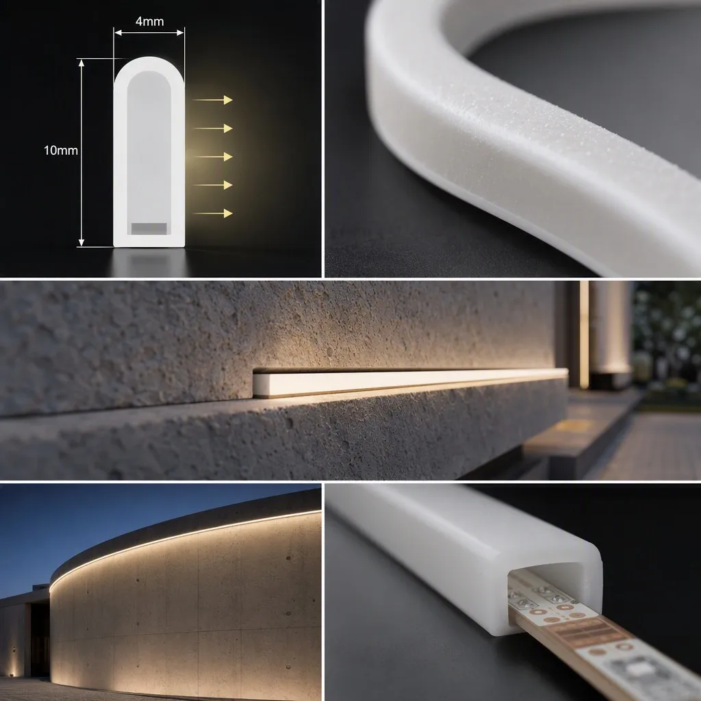 Architectural 4x10mm side-view LED neon flex - technical cross-section, material and facade installation collage
