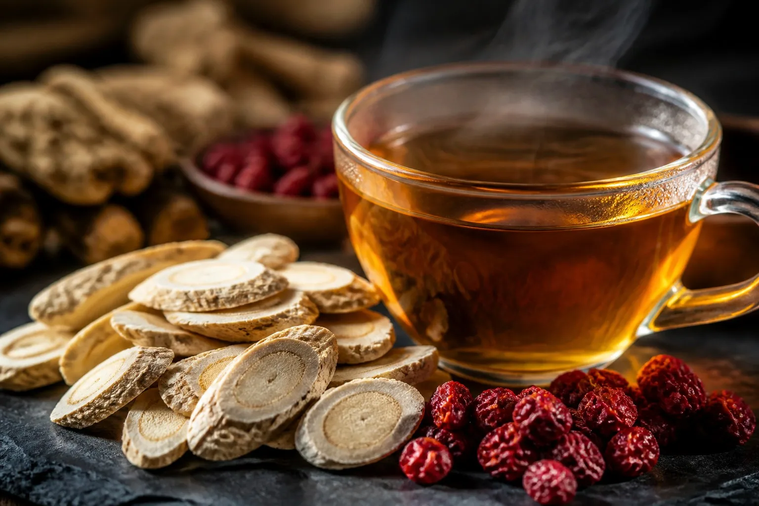 Ultra-realistic macro shot of raw Astragalus root and Schisandra berries next to amber tea Ultra-realistic macro shot of raw Astragalus root and Schisandra berries next to amber tea