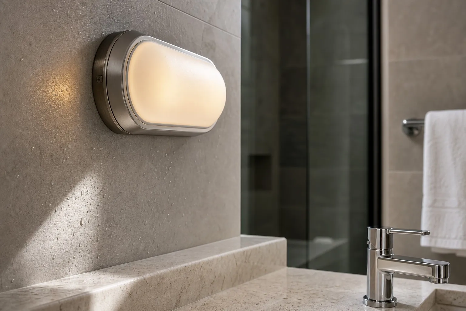 Sealed wall light with a frosted diffuser and visible gasket above a hotel bathroom vanity