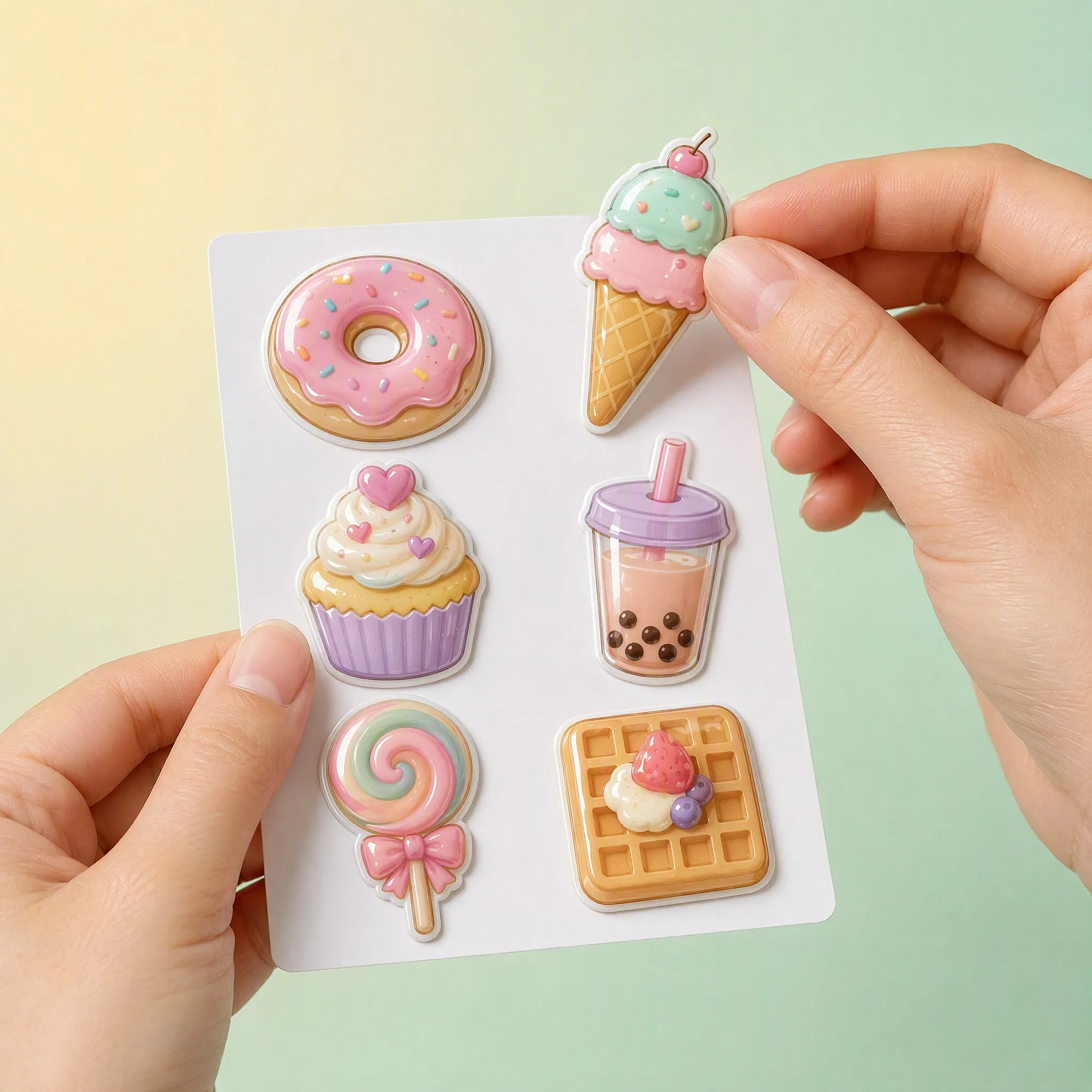 Hand peeling a 3D epoxy domed sticker from the backing sheet