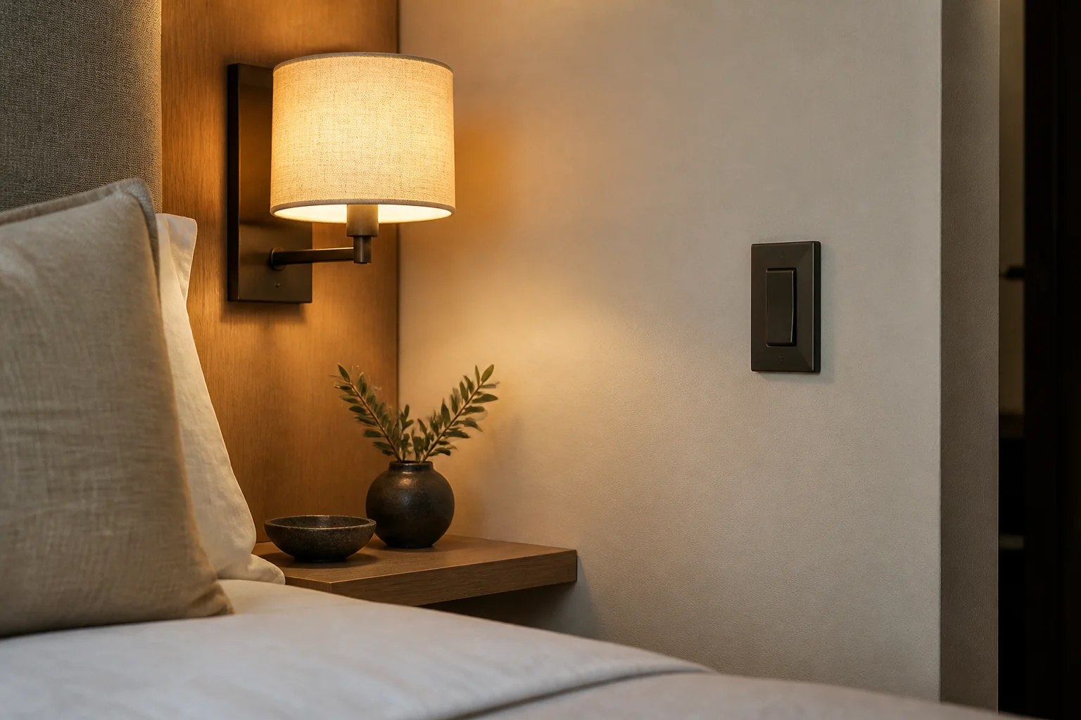 Wall-mounted hotel bedside reading lamp beside a contrasting wall switch plate