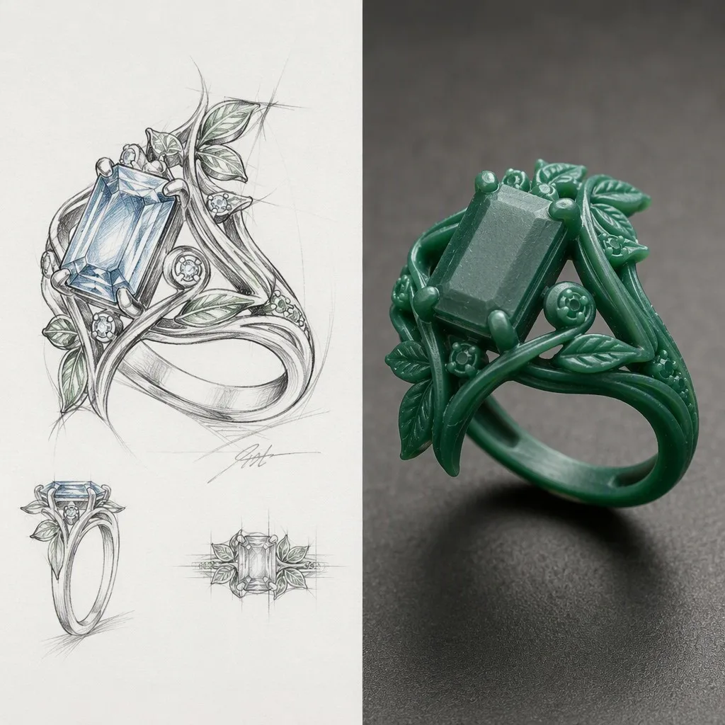 Hand-drawn sketch vs 3D printed wax
