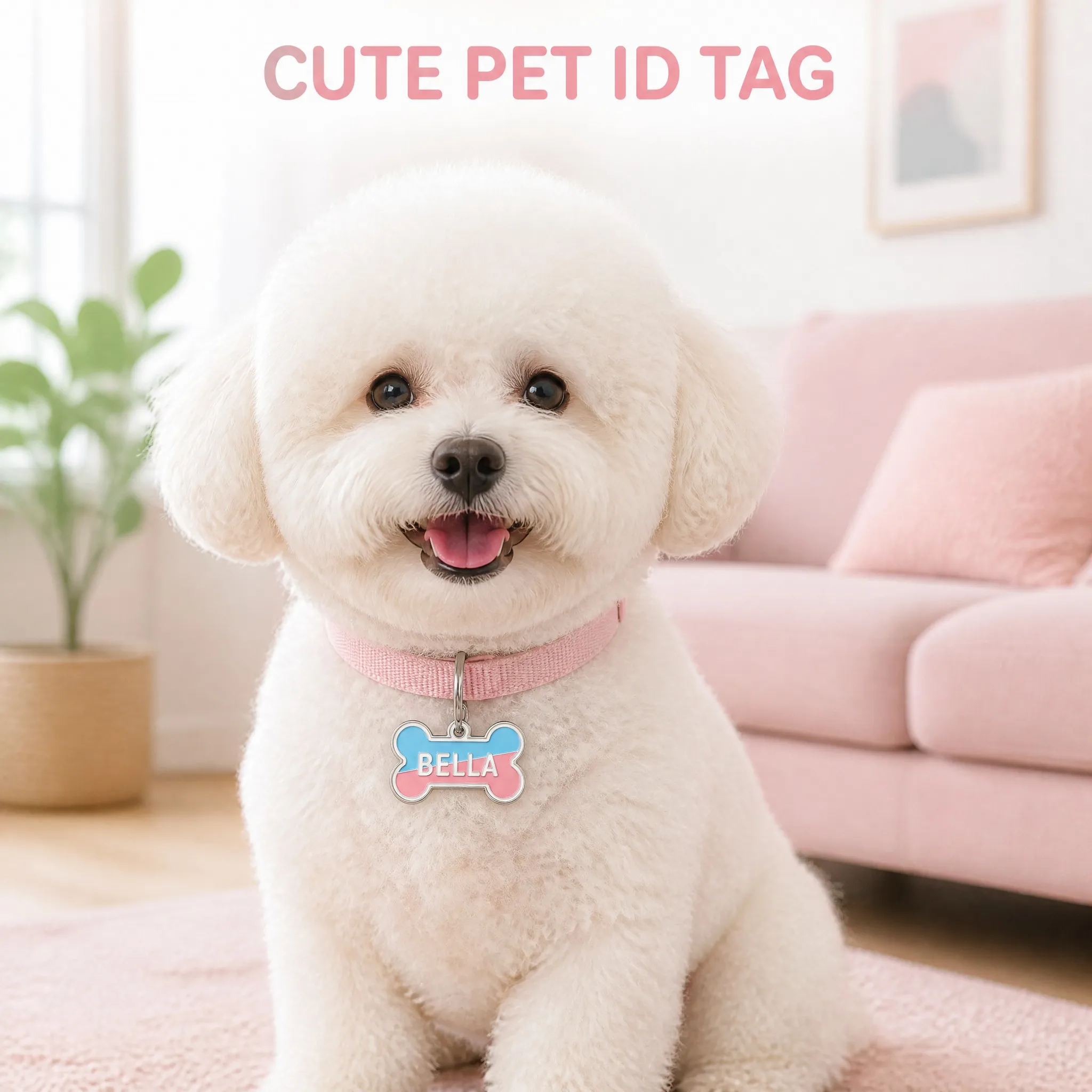 White bichon frise wearing the enamel bone dog tag - Lifestyle