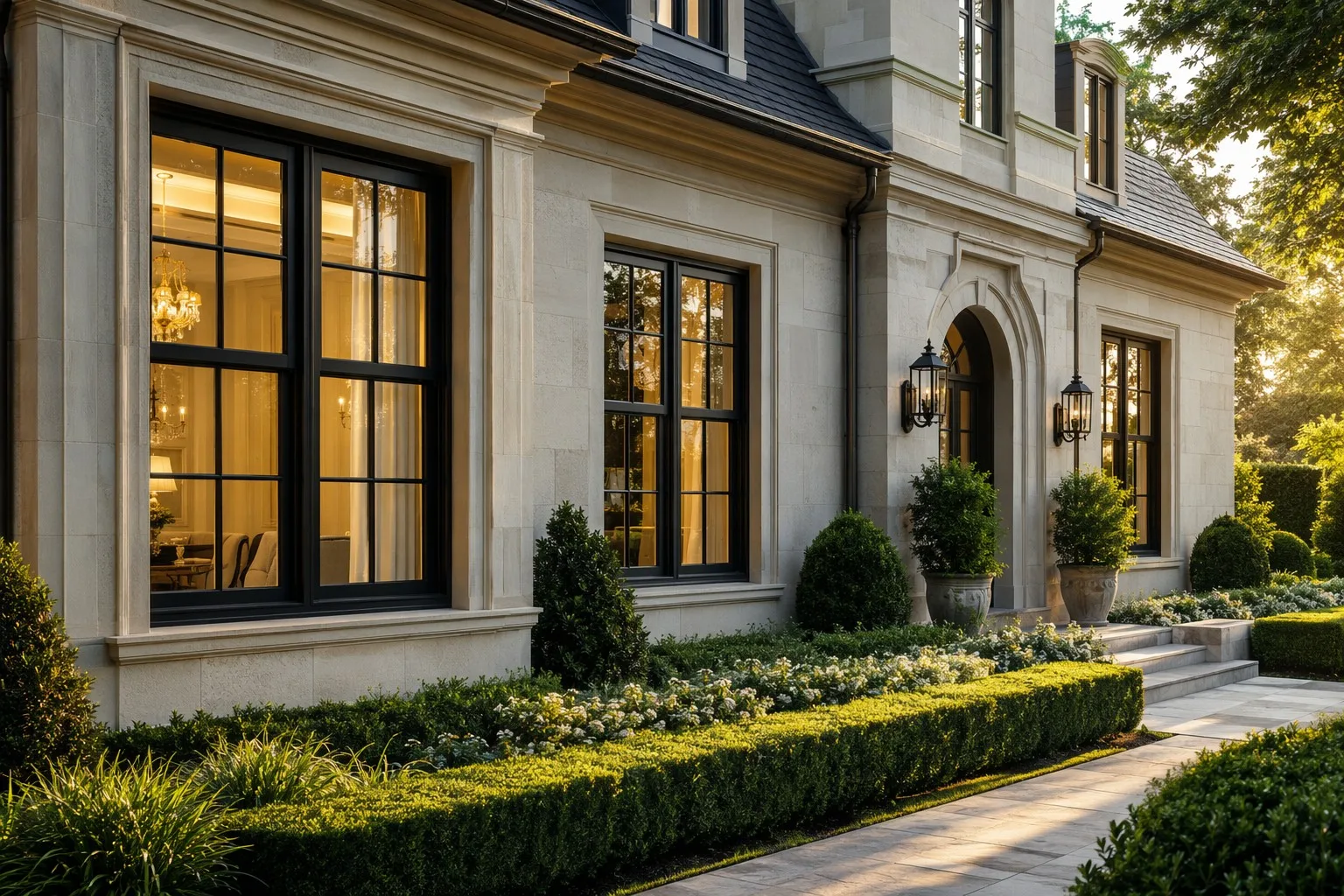 Luxury classic villa with elegant black aluminum double hung windows traditional grid pattern