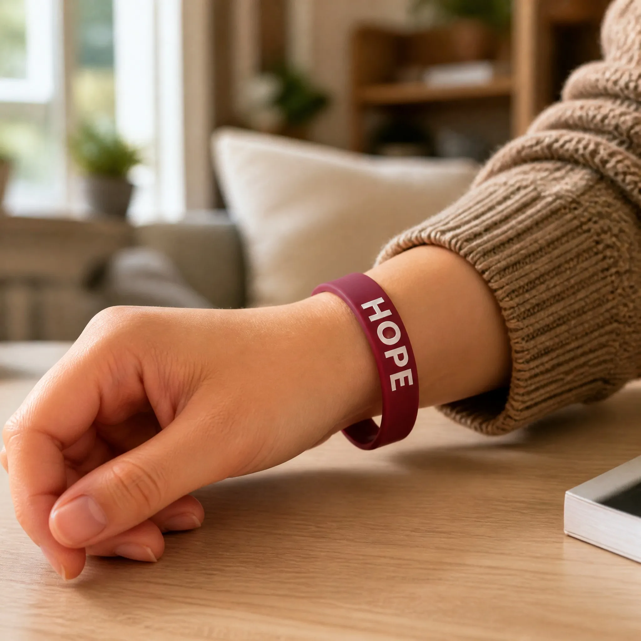 Color filled silicone bracelet worn on wrist in daily scene